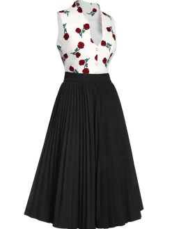 New Retro Stage 2PCS 1950s White Roses Top & Black Skirt White & Black