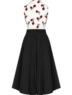 New Retro Stage 2PCS 1950s White Roses Top & Black Skirt White & Black