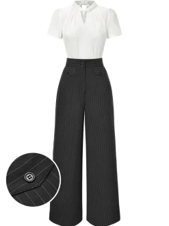 Best Retro Stage 2PCS 1930s White Satin Blouse & Gray Pinstripes Pants White & Dark Gray