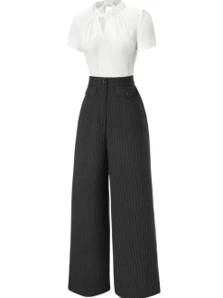 Best Retro Stage 2PCS 1930s White Satin Blouse & Gray Pinstripes Pants White & Dark Gray