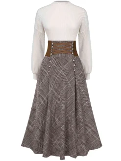 Clearance Retro Stage 2PCS 1940s White Sweater & Plaid Skirt Brown