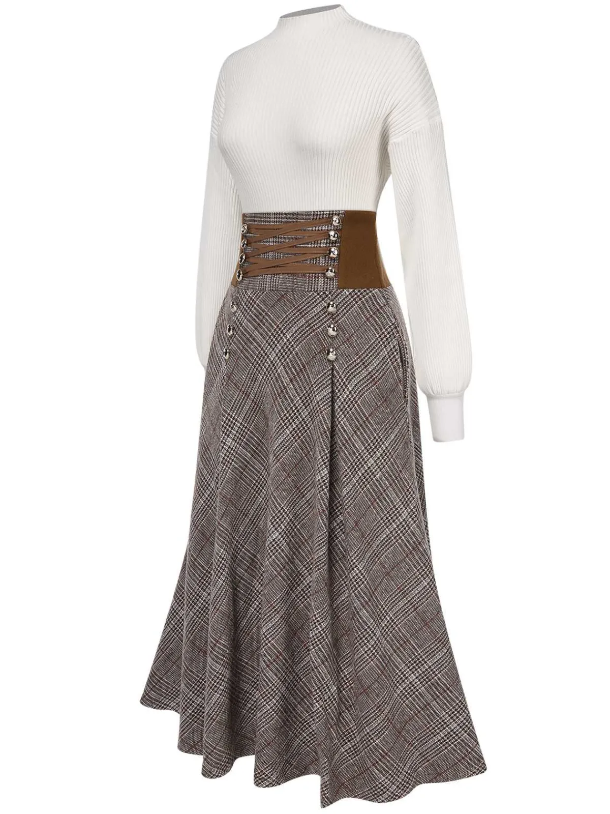 Clearance Retro Stage 2PCS 1940s White Sweater & Plaid Skirt Brown