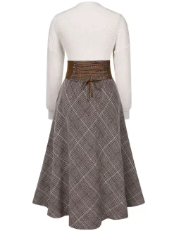 Clearance Retro Stage 2PCS 1940s White Sweater & Plaid Skirt Brown