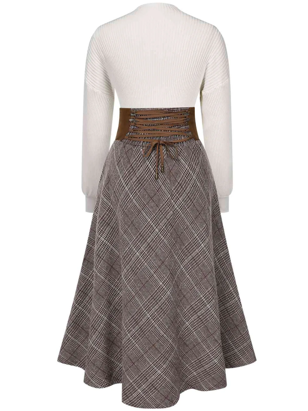 Clearance Retro Stage 2PCS 1940s White Sweater & Plaid Skirt Brown