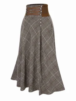 Clearance Retro Stage 2PCS 1940s White Sweater & Plaid Skirt Brown