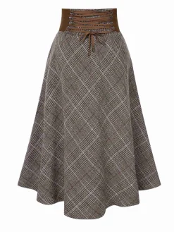 Clearance Retro Stage 2PCS 1940s White Sweater & Plaid Skirt Brown