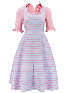 Discount Retro Stage 2PCS 1960s Wicked Solid Blouse & Irregular Stripes Dress Pink