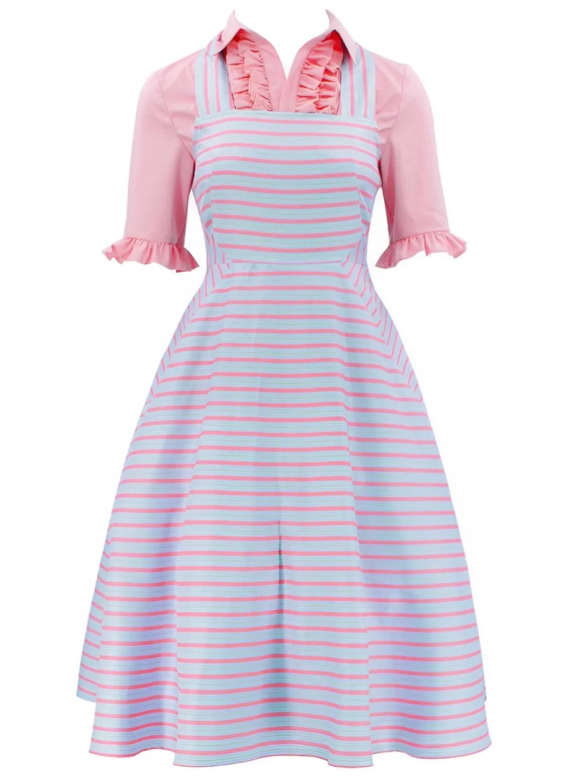 Discount Retro Stage 2PCS 1960s Wicked Solid Blouse & Irregular Stripes Dress Pink