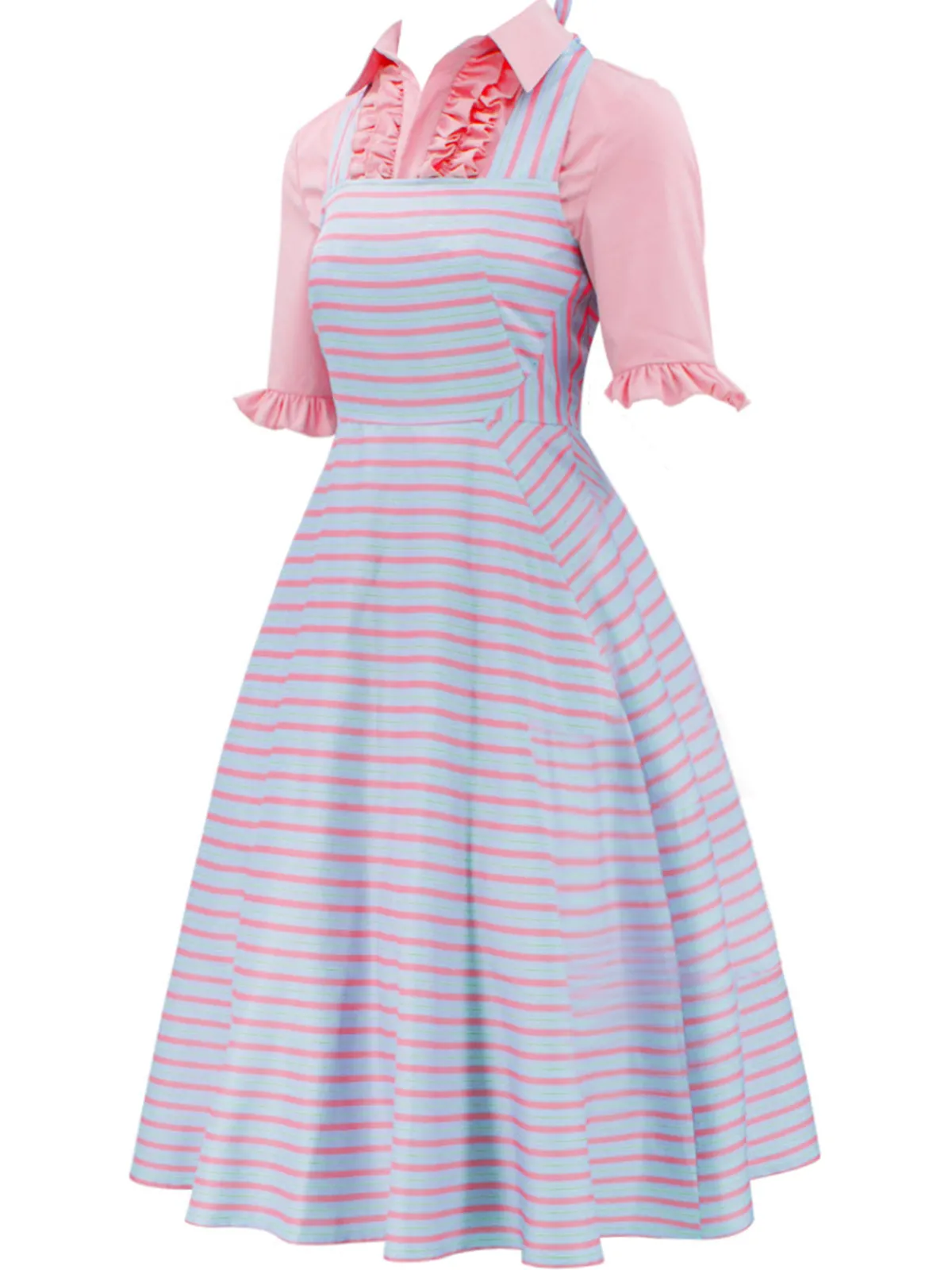 Discount Retro Stage 2PCS 1960s Wicked Solid Blouse & Irregular Stripes Dress Pink