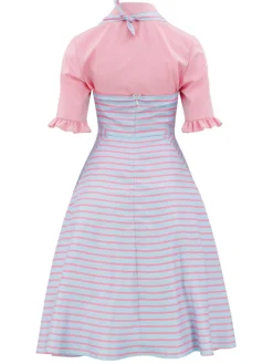 Discount Retro Stage 2PCS 1960s Wicked Solid Blouse & Irregular Stripes Dress Pink
