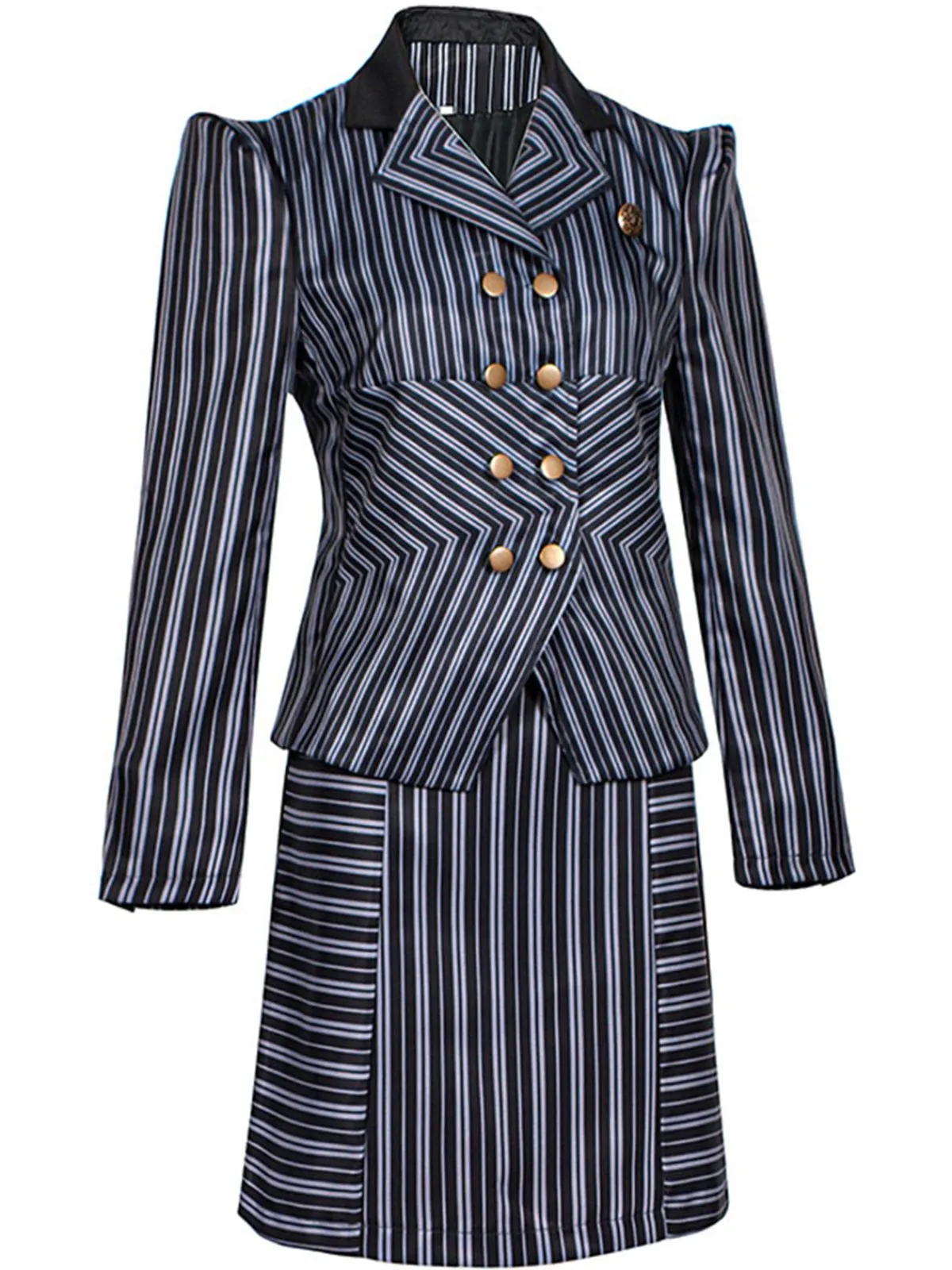 New Retro Stage 2PCS 1970s Wicked Vertical Striped Top & Patchwork Skirt Dark Blue