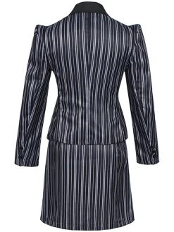 New Retro Stage 2PCS 1970s Wicked Vertical Striped Top & Patchwork Skirt Dark Blue