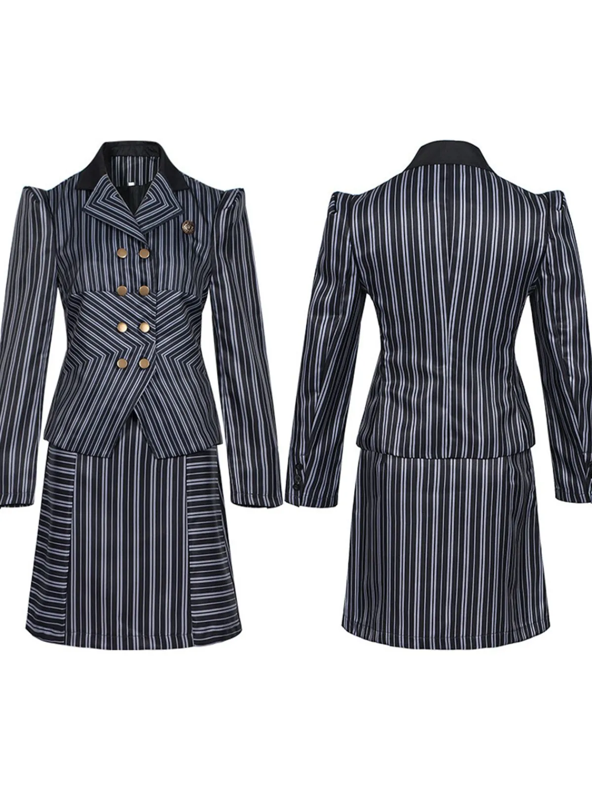 New Retro Stage 2PCS 1970s Wicked Vertical Striped Top & Patchwork Skirt Dark Blue