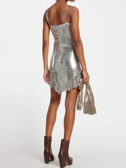 Clearance Retro Stage 2PCS 1980s Sequined Suspender Tassel Top & Skirt Silver