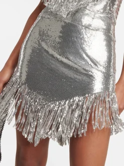 Clearance Retro Stage 2PCS 1980s Sequined Suspender Tassel Top & Skirt Silver