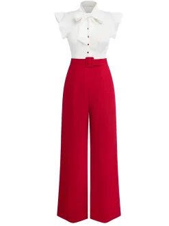 Hot Retro Stage 2PCS 1930s Bow Collar Blouse & Pants White & Red