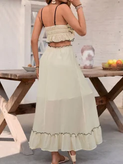 Sale Retro Stage 2PCS 1930s Chiffon Cami & Ruffled Long Skirt White