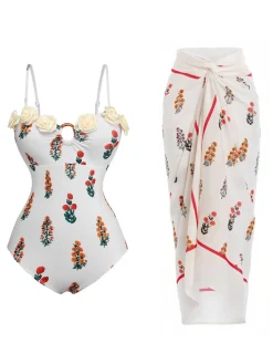 Outlet Retro Stage 2PCS 1960s 3D-Flower Spaghetti Straps Swimsuit & Cover-Up White