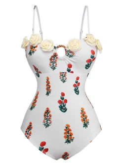 Outlet Retro Stage 2PCS 1960s 3D-Flower Spaghetti Straps Swimsuit & Cover-Up White