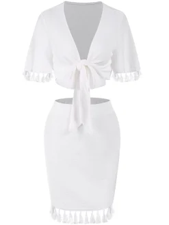 Outlet Retro Stage 2PCS 1960s Solid Tassels Bind Top & Pencil Skirt White