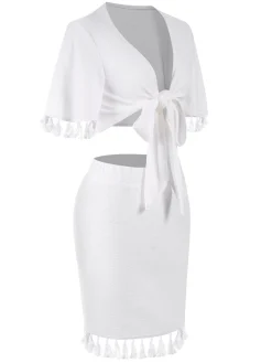 Outlet Retro Stage 2PCS 1960s Solid Tassels Bind Top & Pencil Skirt White