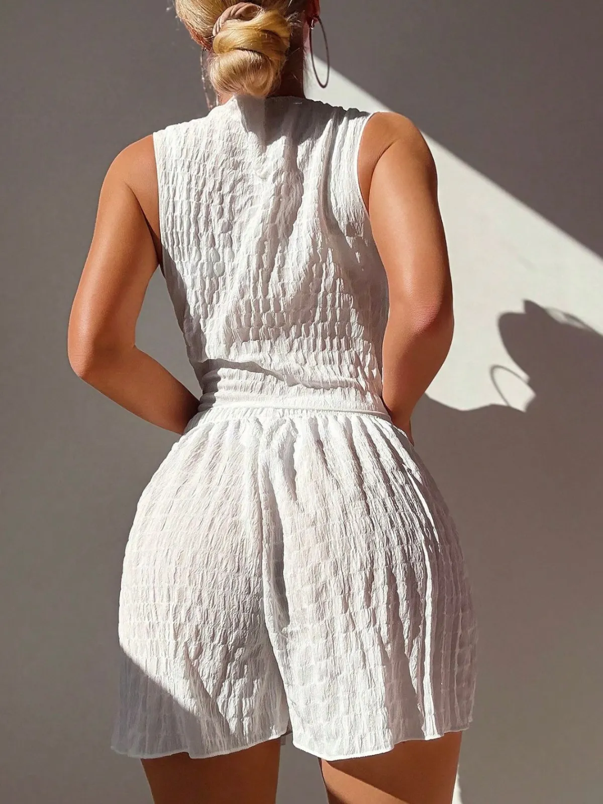 Online Retro Stage 2PCS 1950s Solid Tie-Front Crop Cover-Up White