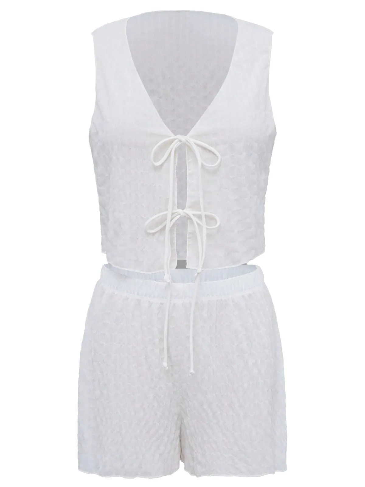 Online Retro Stage 2PCS 1950s Solid Tie-Front Crop Cover-Up White