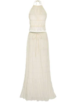 Best Retro Stage 2PCS 1970s Wrinkle Halter Backless Top & Skirts White