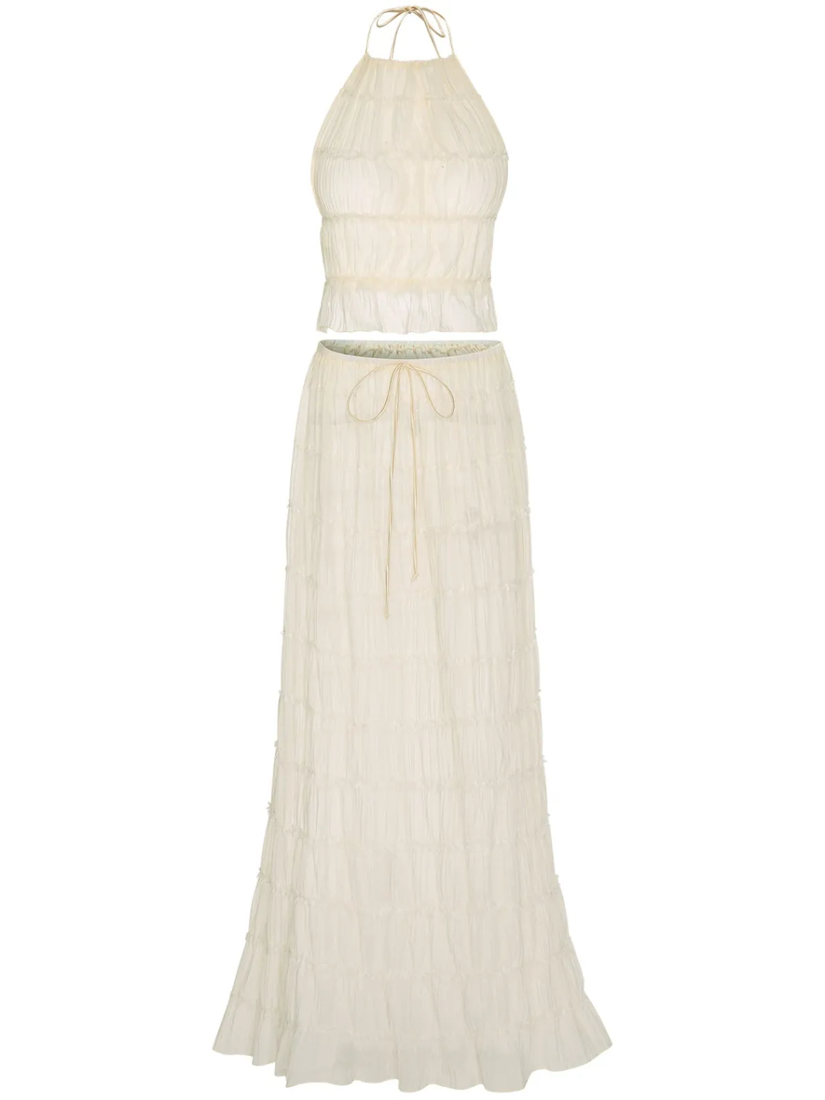 Best Retro Stage 2PCS 1970s Wrinkle Halter Backless Top & Skirts White