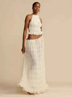Best Retro Stage 2PCS 1970s Wrinkle Halter Backless Top & Skirts White