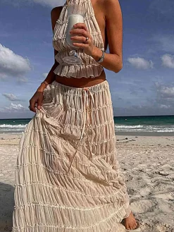 Best Retro Stage 2PCS 1970s Wrinkle Halter Backless Top & Skirts White
