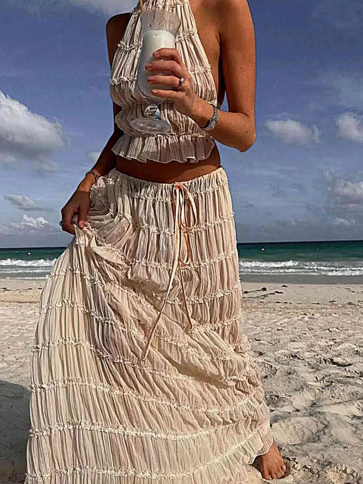 Best Retro Stage 2PCS 1970s Wrinkle Halter Backless Top & Skirts White