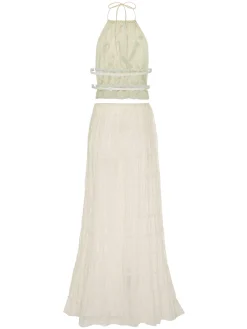 Best Retro Stage 2PCS 1970s Wrinkle Halter Backless Top & Skirts White