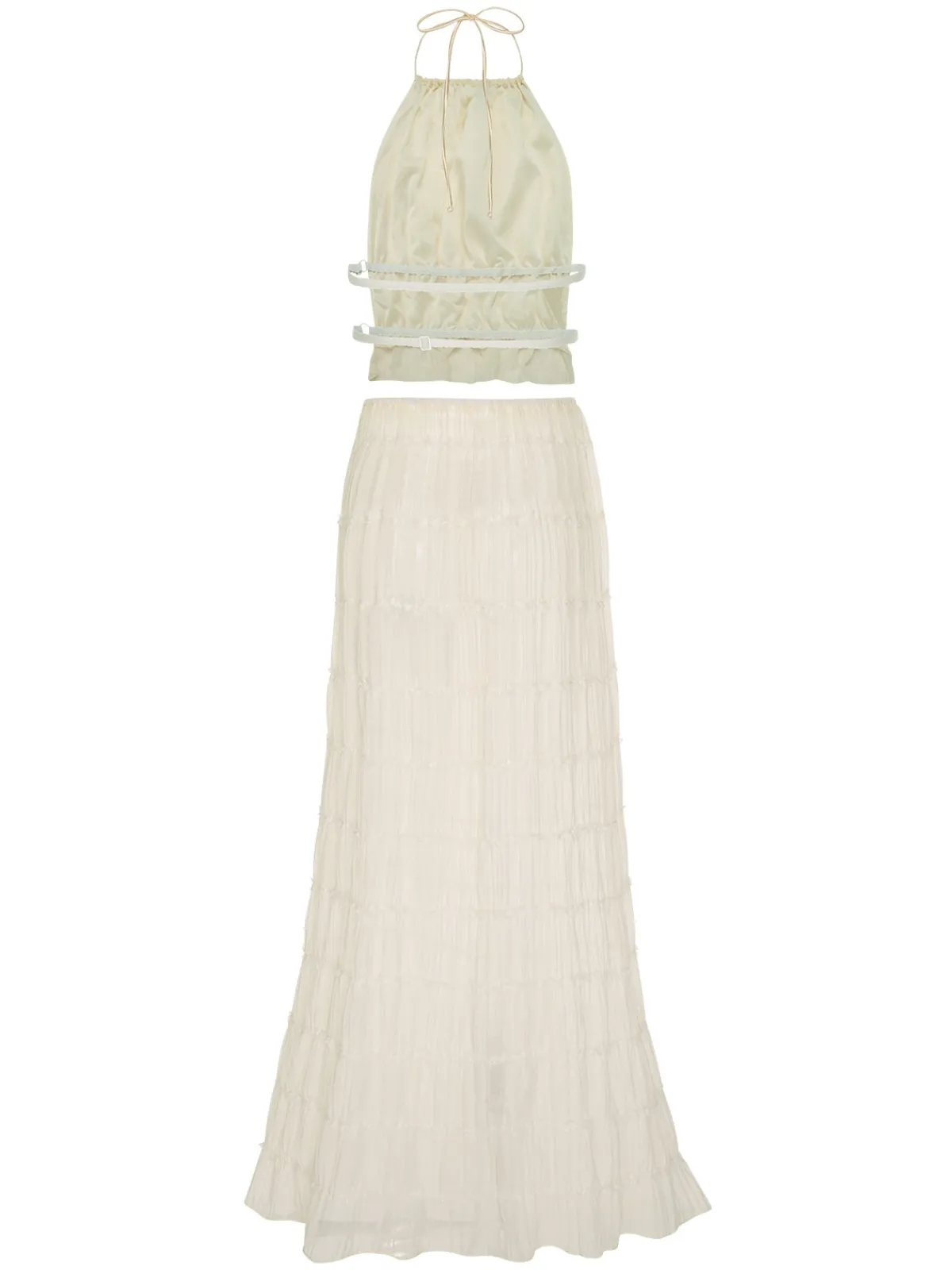 Best Retro Stage 2PCS 1970s Wrinkle Halter Backless Top & Skirts White