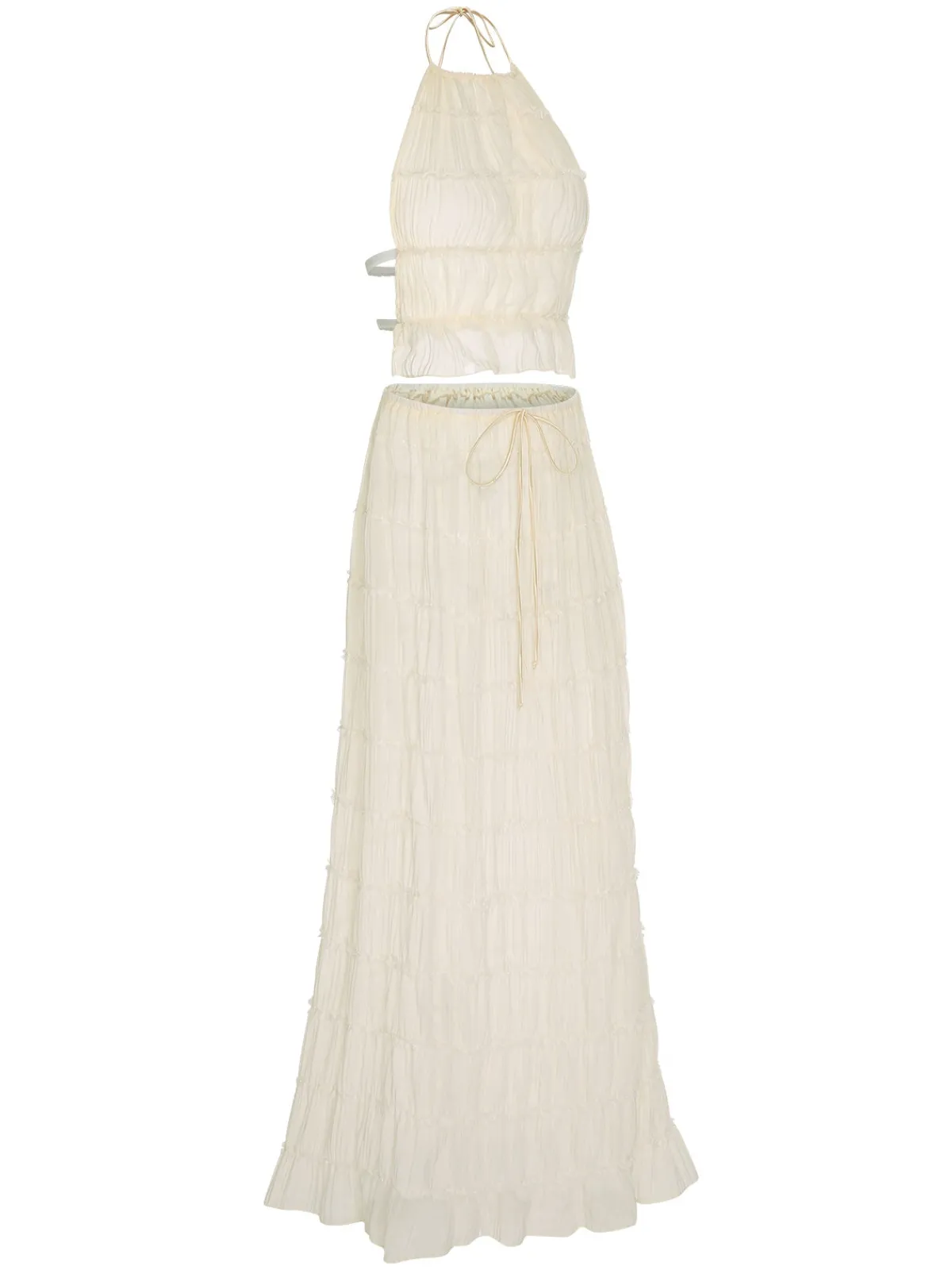 Best Retro Stage 2PCS 1970s Wrinkle Halter Backless Top & Skirts White