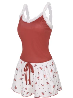 Discount Retro Stage 2PCS 1950s Lace Straps Pajamas Wine Red