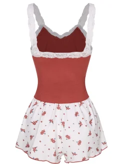 Discount Retro Stage 2PCS 1950s Lace Straps Pajamas Wine Red