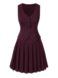 New Retro Stage 2PCS Wine Red 1960s Pinstripes Top & Pleated Skirt
