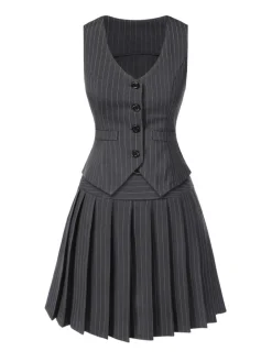 New Retro Stage 2PCS Wine Red 1960s Pinstripes Top & Pleated Skirt