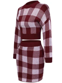 New Retro Stage 2PCS 1960s Shepherd Plaid Knit Top & Skirt Wine Red