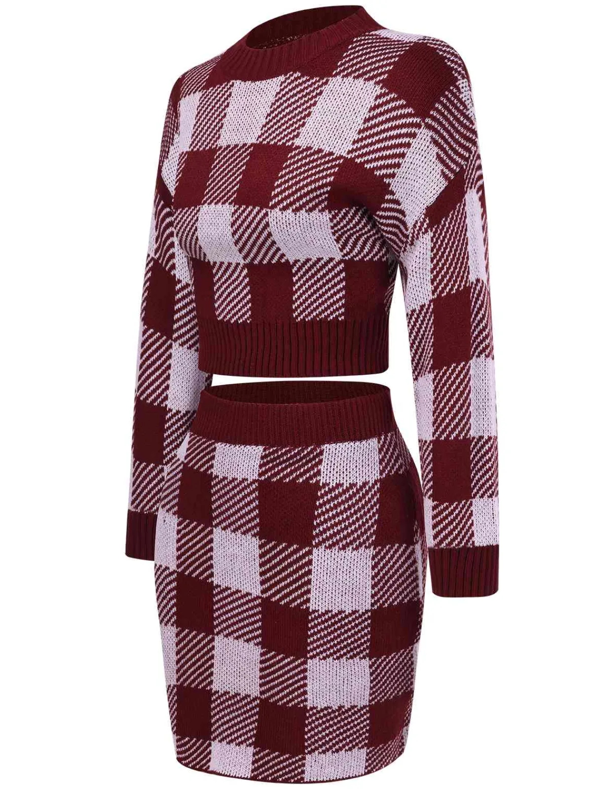 New Retro Stage 2PCS 1960s Shepherd Plaid Knit Top & Skirt Wine Red
