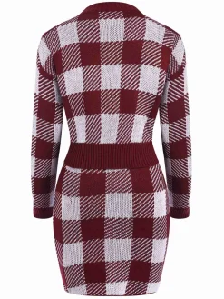 New Retro Stage 2PCS 1960s Shepherd Plaid Knit Top & Skirt Wine Red