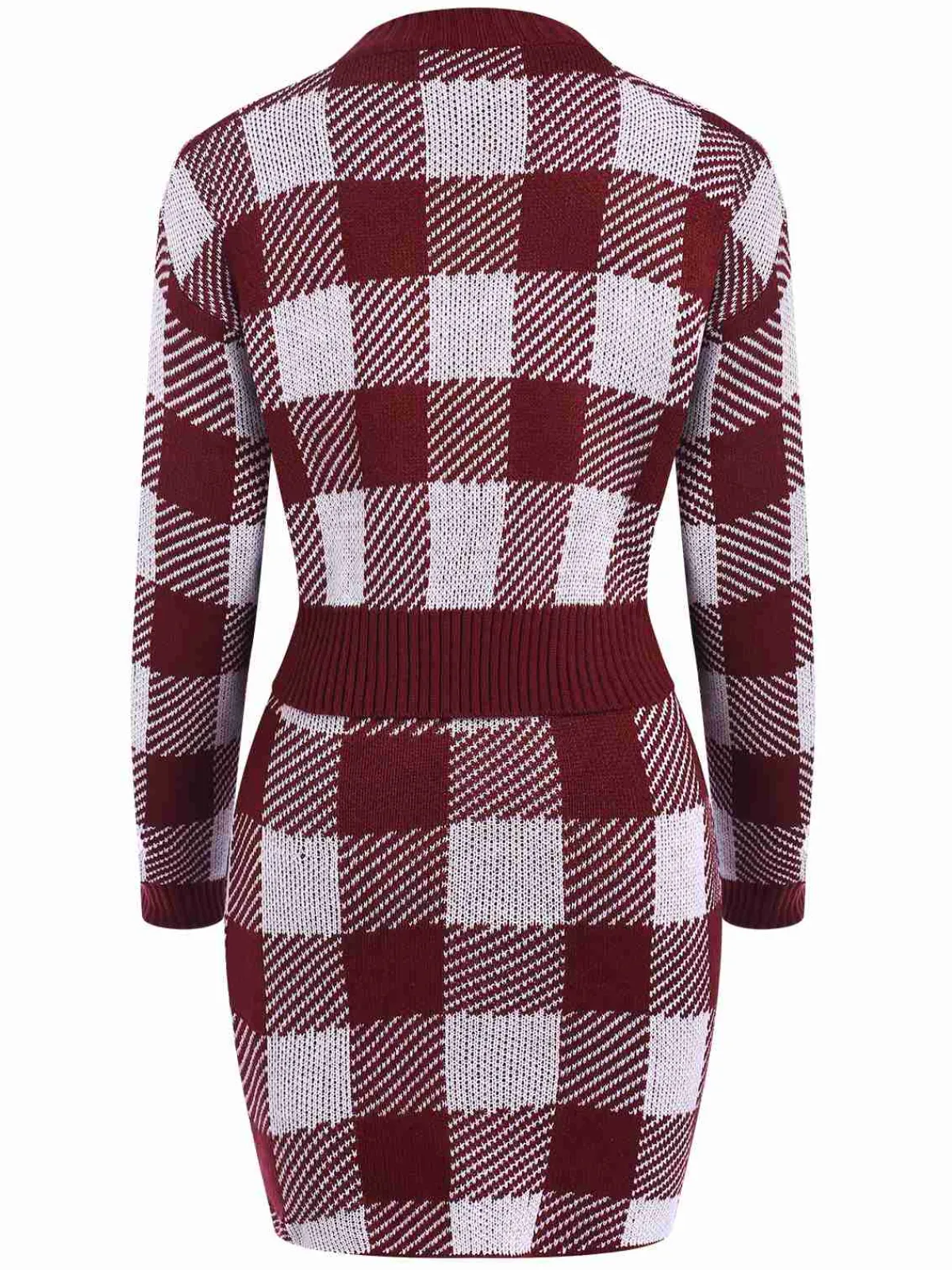 New Retro Stage 2PCS 1960s Shepherd Plaid Knit Top & Skirt Wine Red
