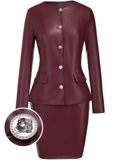 Best Retro Stage 2PCS 1960s Solid Leather Top & Pencil Skirt Wine Red