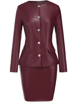 Best Retro Stage 2PCS 1960s Solid Leather Top & Pencil Skirt Wine Red