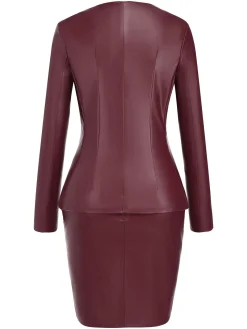 Best Retro Stage 2PCS 1960s Solid Leather Top & Pencil Skirt Wine Red