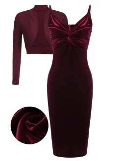Clearance Retro Stage 2PCS Wine Red 1960s Velvet Bodycon Dress