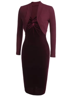 Clearance Retro Stage 2PCS Wine Red 1960s Velvet Bodycon Dress