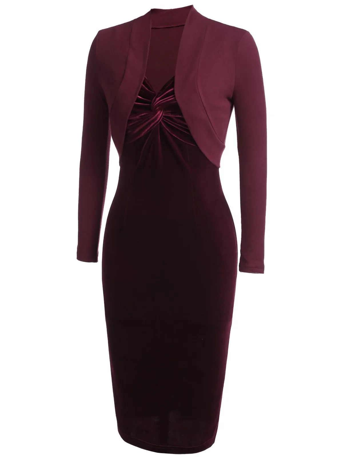 Clearance Retro Stage 2PCS Wine Red 1960s Velvet Bodycon Dress