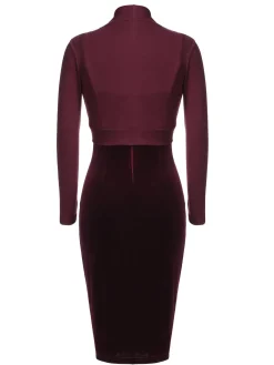 Clearance Retro Stage 2PCS Wine Red 1960s Velvet Bodycon Dress